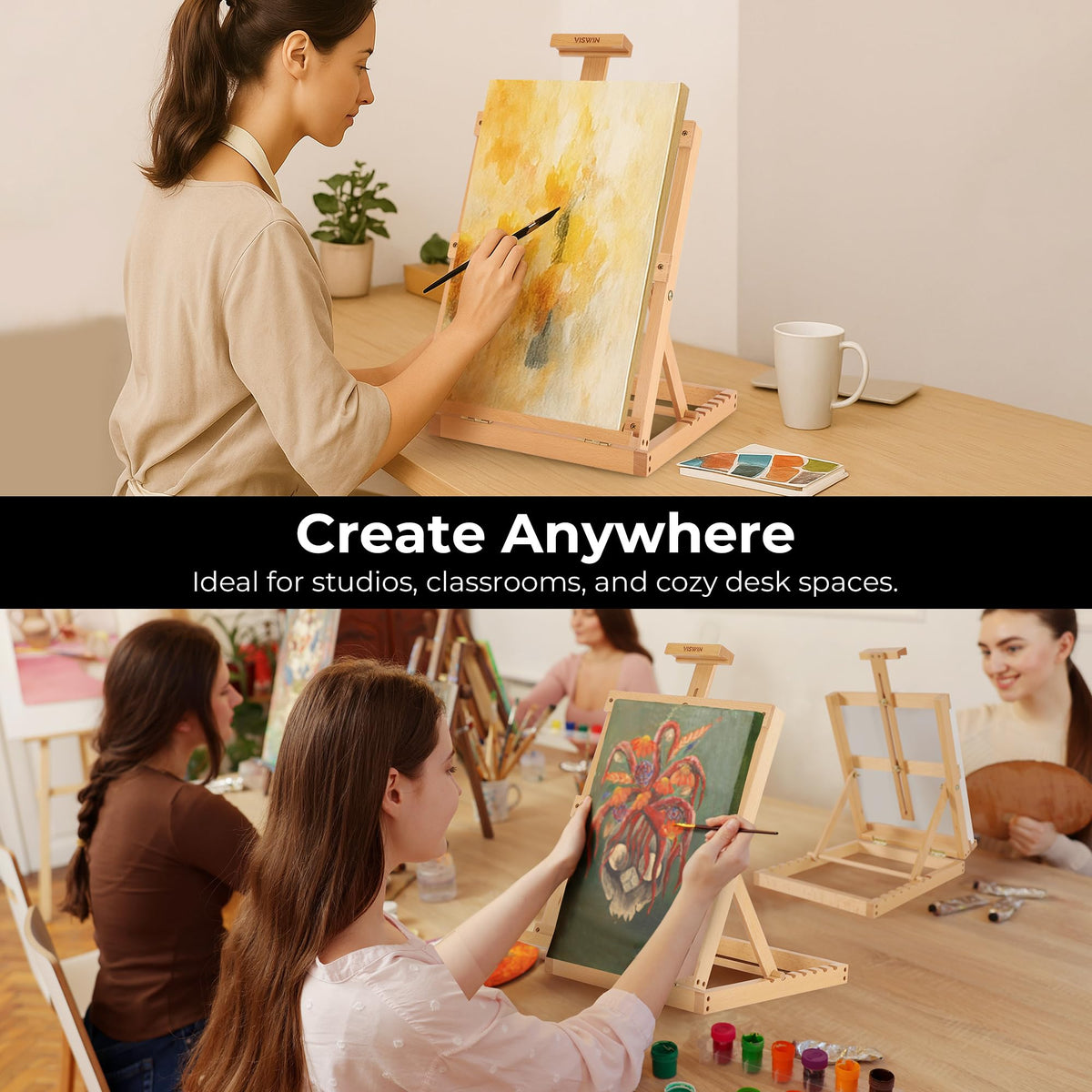 VISWIN Heavy-Duty Table Top Easel for Painting, Adjustable Beech Wood Tabletop Easel, Hold Canvas up to 23”, Portable Art Desktop Easel Stand for Adults, Artists, Beginners – Natural