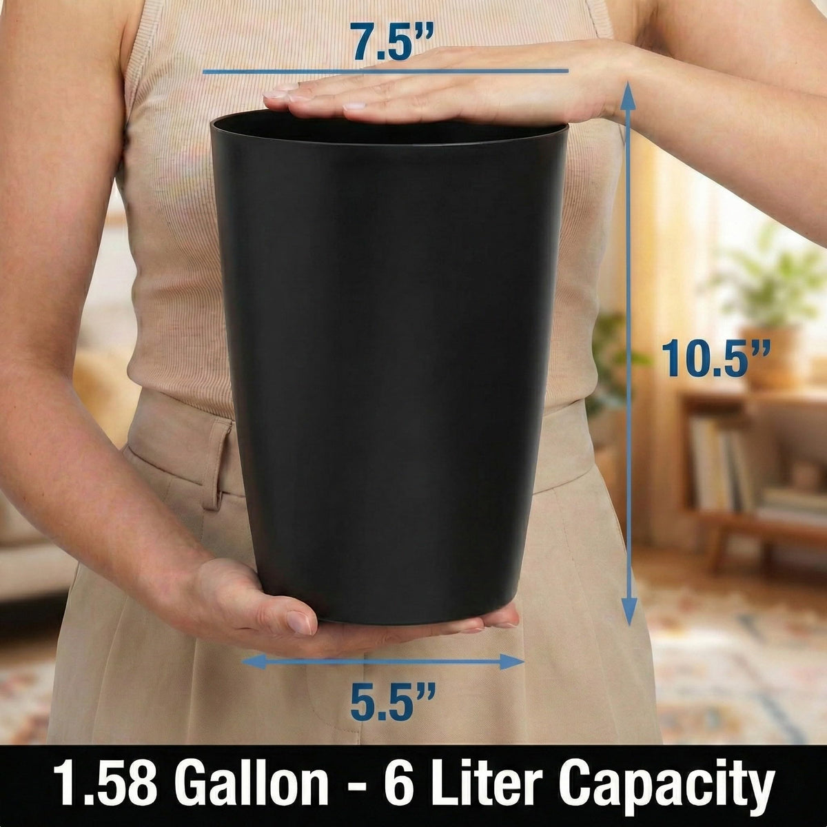 Mini Waste Basket - Durable Small Plastic Garbage Trash Can Bin - Lidless Open-Top, Slim Profile for Compact Spaces - Suitable for Home, Bathroom, Office, Bedroom, Kitchen and More, Black