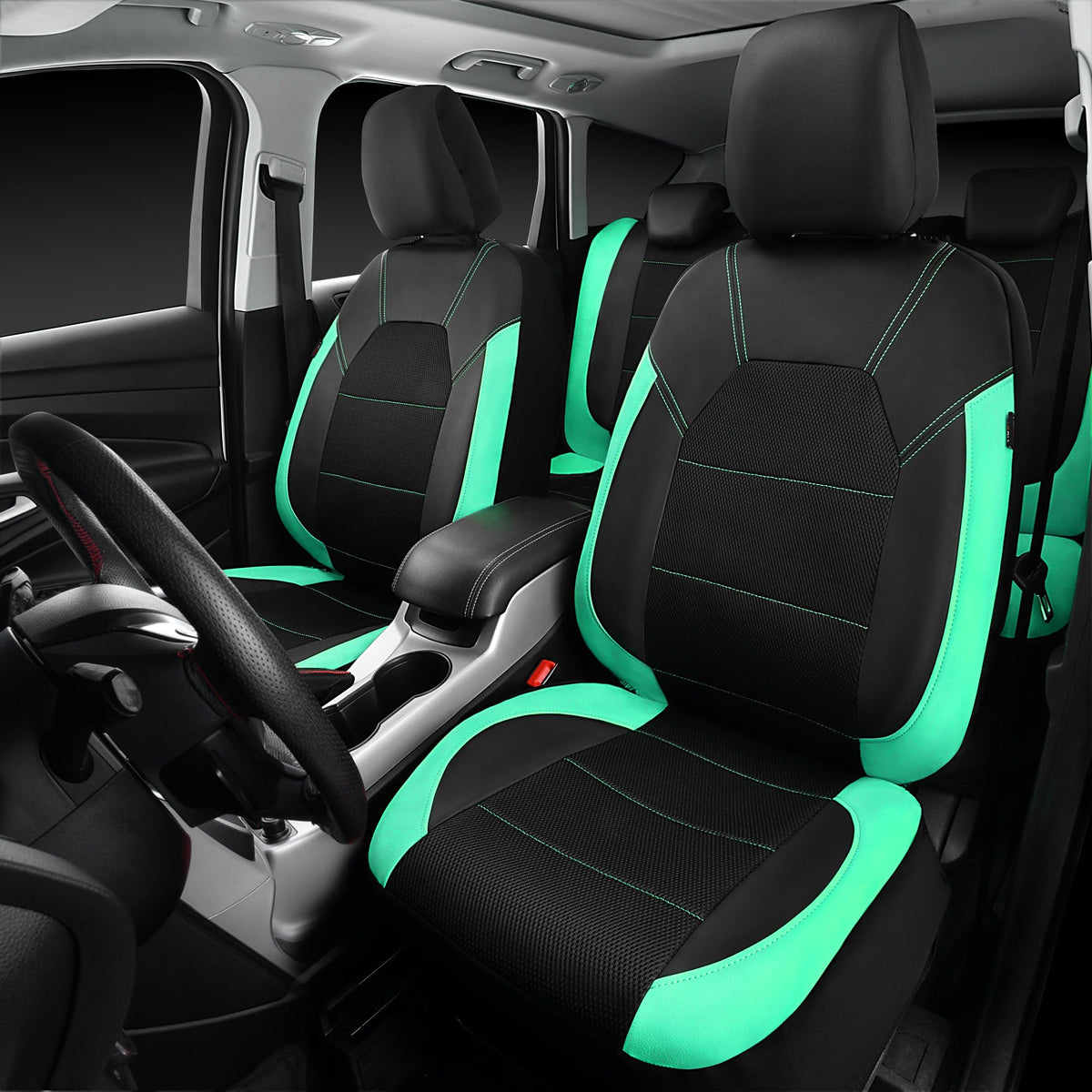 CAR PASS Leather Seat Covers, Breathable Universal Car Seat Cover Full Set for Cute Women Girly,Super 5mm Composite Sponge Inside,Airbag Compatible Fits Most Auto,SUVs,Trucks,Vans(Full Set,Black&Mint)