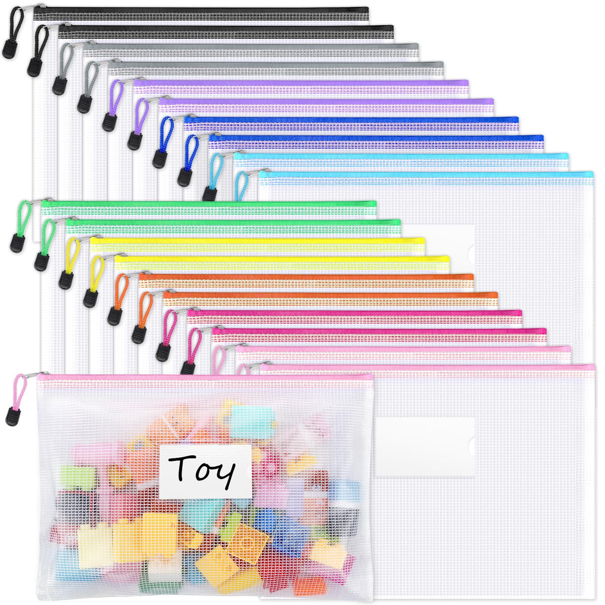 Sooez 20 Pack Mesh Zipper Pouch Bags, A4 Letter Size, Zipper Bags with Label Pocket, Waterproof Pouches for Classroom Organizer, Board Game Toy Storage, Document Bag for Teacher School Office Supplies