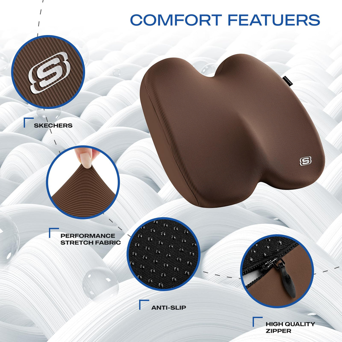 Skechers Seat Cushion, Ergonomic Memory Foam Cushion for Long Sitting Hours on Office & Home Chair, Car Seat Cushion for Sciatica, Coccyx Cushion,Brown