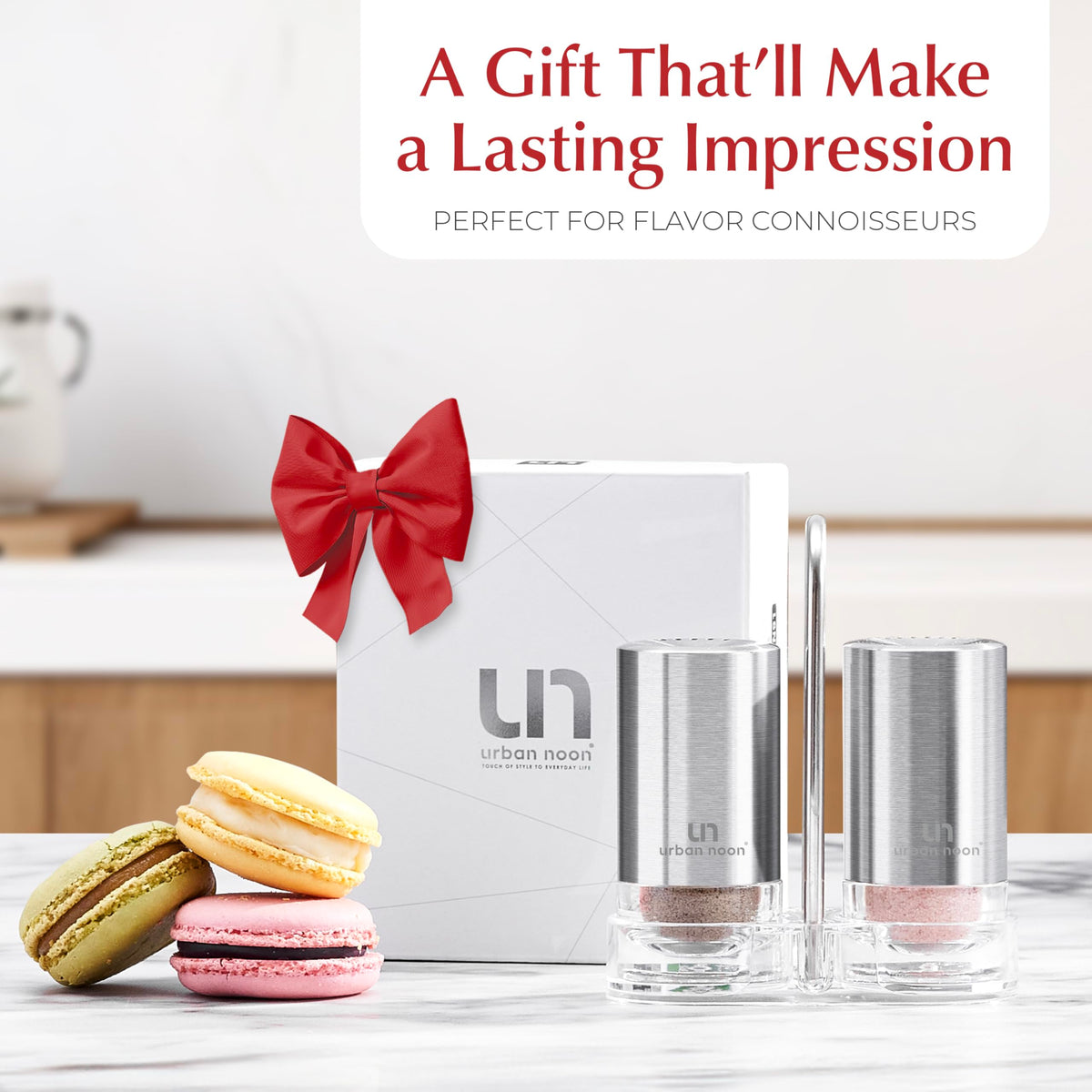 Salt and Pepper Shakers with Holder - Elegant Stainless Steel Salt Shaker and Pepper Shaker Set with Acrylic Holder for Kitchen Counter or Restaurant Table