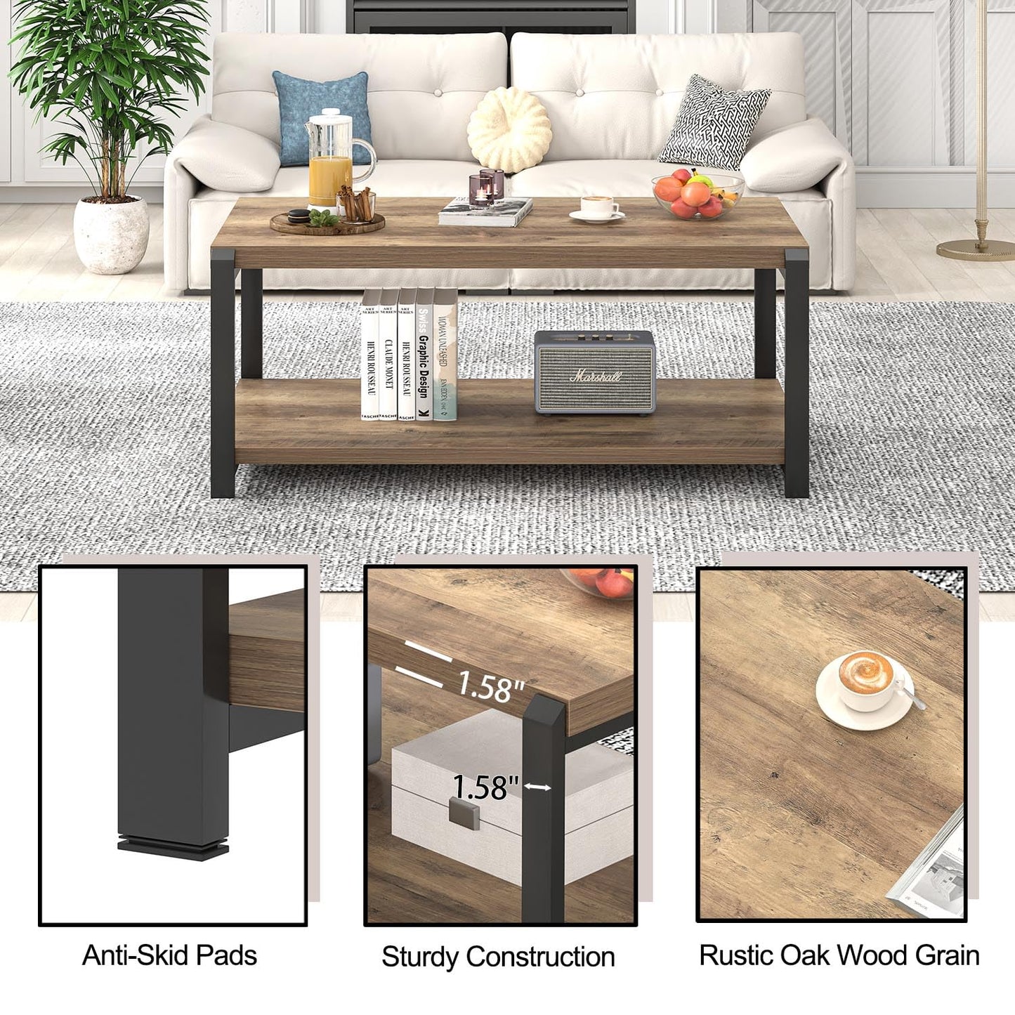 EXCEFUR Modern Coffee Table, Rustic Wood and Metal Center Table for Living Room, Industrial Rectangle Cocktail Tea Table with Storage, Oak