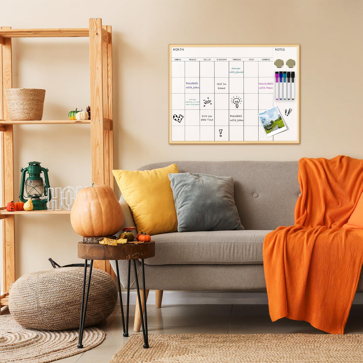 Magnetic Monthly Calendar Whiteboard, 17'' x 13'' Dry Erase Calendar for Wall Office School Home, Gold Wooden Frame