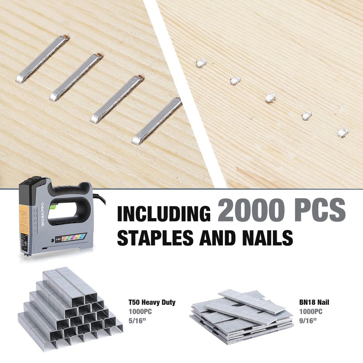 WORKPRO 5 in 1 Staple Gun,110V Corded Brad Nailer with 2000 Staples and Nails, Electric Staple Gun for DIY Project of Woodworking