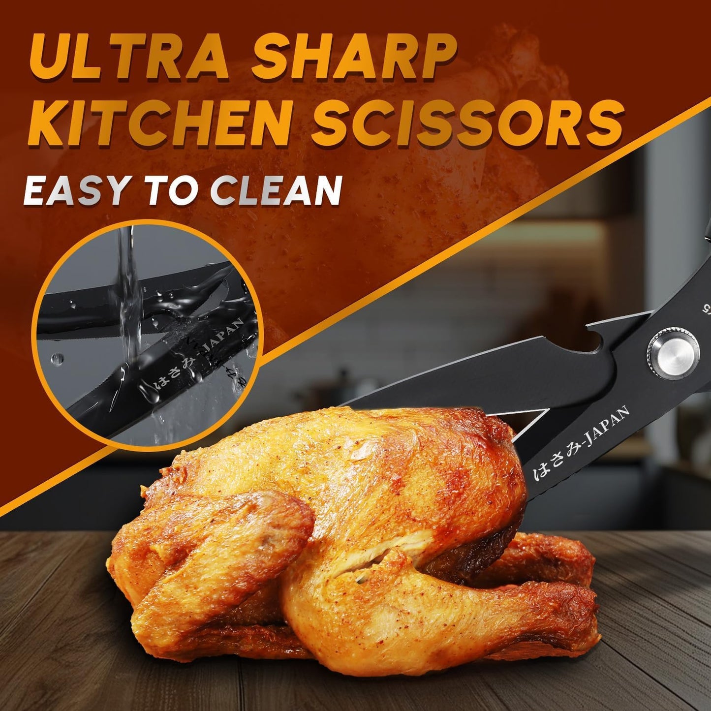 HUUSK Kitchen Scissors Set Black - Upgraded Stainless Steel Kitchen Shear, Sharp Meat Scissors, Heavy Duty Poultry Shears, Japanese Cooking Scissor for Food, Dishwasher Safe Christmas Gifts for Women