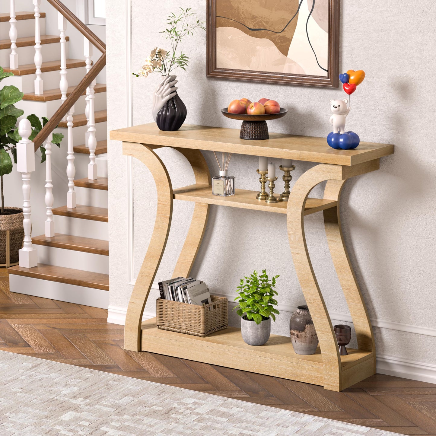 UODERS Wooden Console Table with Curved Legs and Shelf, 3-Tier Modern Accent Narrow Sofa Table for Entrance Area, Living Room, Hallway, 47 in Wide Wood Console Table for Entryway (Nature)