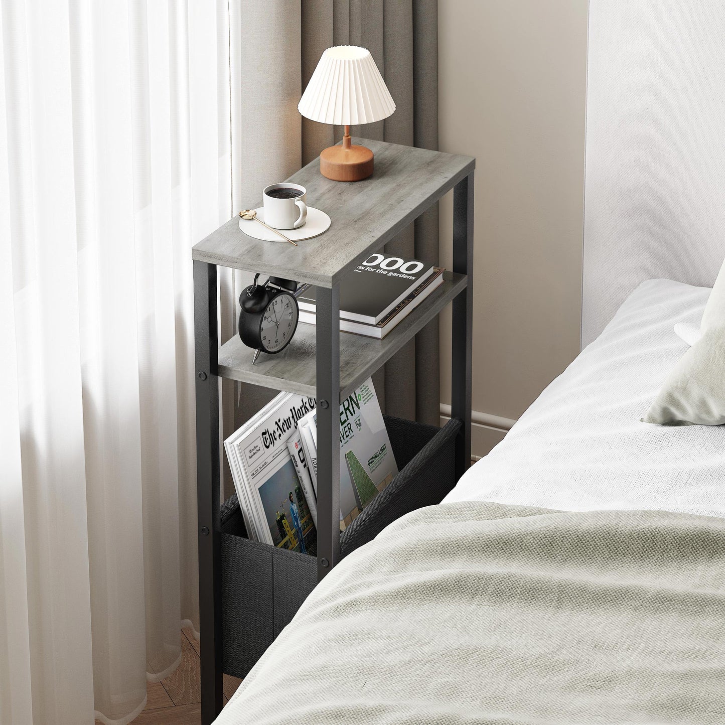 IRCPEN Narrow Side Table with Charging Station Slim End Table Sofa with Magazine Rack, Bedside Table for Small Spaces, 3 Tier Nightstand for Living Room Couch, Bedroom Oak Grey LET503QE