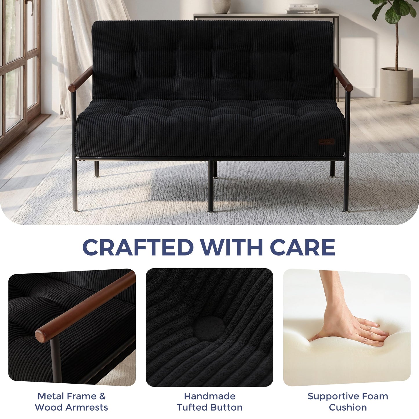 MAXYOYO Loveseat Sofa, Button Tufted Upholstered Small Couch for Living Room, Modern Love Seat Couches with Metal Frame & Wood Armrests for Bedroom Office, Easy to Install, Black