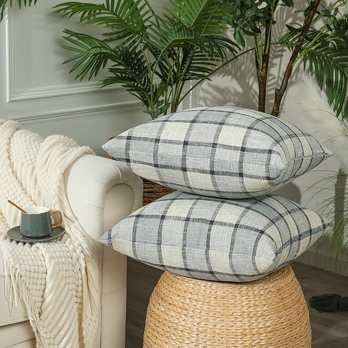 Stellhome Pack of 2 Lumbar Linen Buffalo Check Throw Pillow Covers Farmhouse