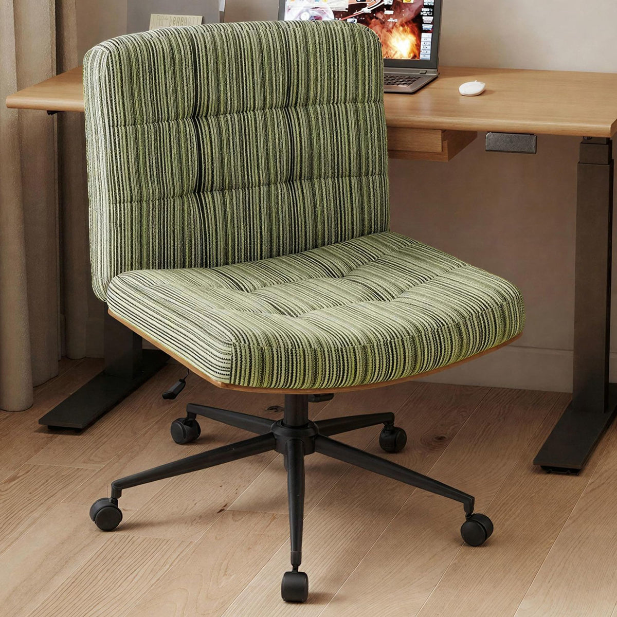Furnimart Heavy-Duty Curved FSC Wood Desk Chair 360° Swivel,Premium Chenille Criss Cross Chair with Wheels Wide Seat, Comfy Armless Cross Legged Sitting for Bedroom, Office, Vanity(Green)