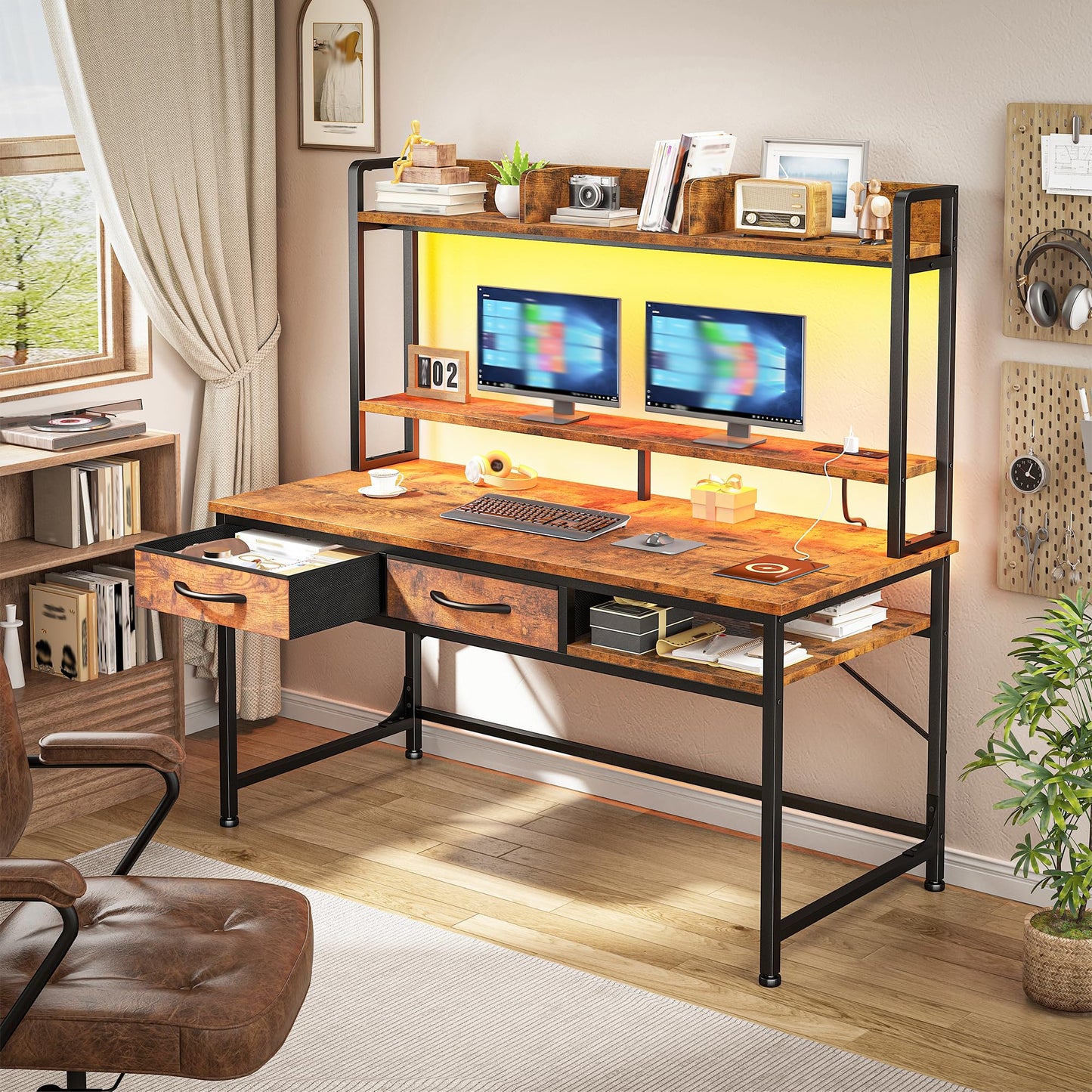 39.4"Office Desk with 2Drawers&Hutch,Computer Desk with Storage Rack&Monitor Stand,Gaming desk with LED&Power Outlet,Modern Study Writing Desk for Bedroom Home Office,Small Space,Rustic Brown