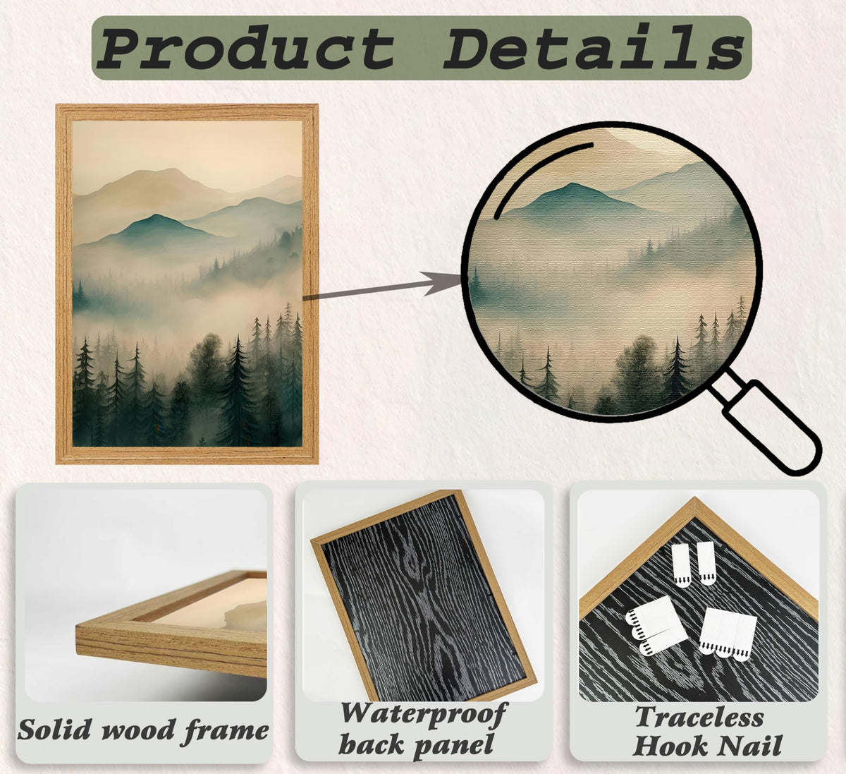 Framed Misty Mountain Forest Wall Art Set, Mordern Calming Pine Forest Oil Painting Canvas Prints, Smoky Mountain Landscape Wall Decor, Green Natural Scenery Poster for Living Room Bedroom Office