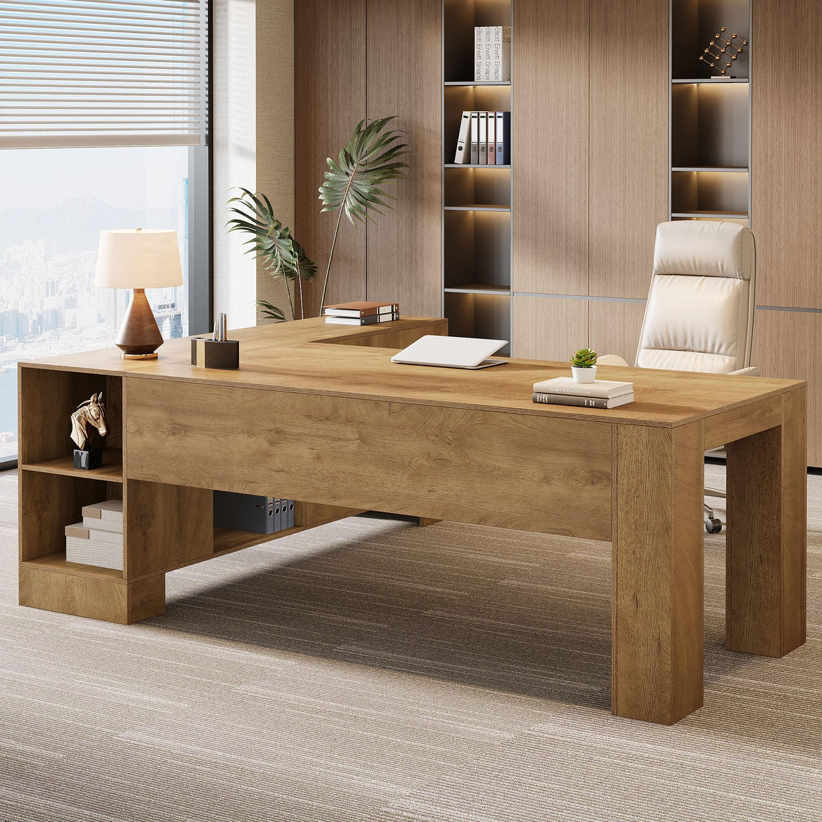 Tribesigns L-Shaped Executive Desk, 78-Inch Office Desk with Storage Cabinet and 2-Tier Shelf, Large Wooden Computer Writing Table Business Furniture Workstation for Home Office, Brown