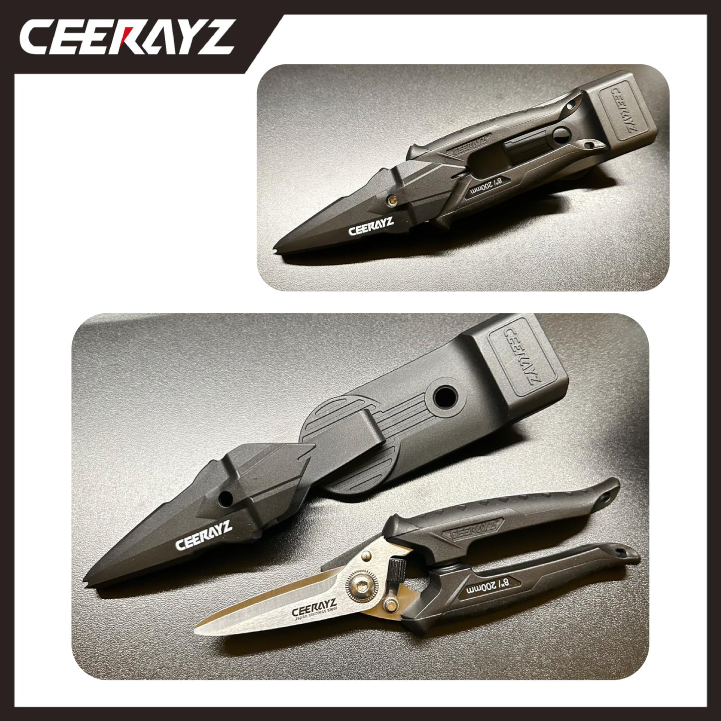 CEERAYZ 8" Scissors All Purpose, Heavy Duty, Multipurpose, for DIY Projects, Office, Production Lines, Pruning, with Protective Sheath and Magnetic Holder (Black)