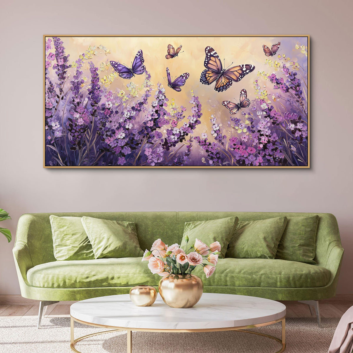 yiijeah 40x20 Inches Poster Frame Wall Art - Purple Lavender Butterfly Picture Artwork Wall Decor for Bedroom Living Room Office Home Decoration