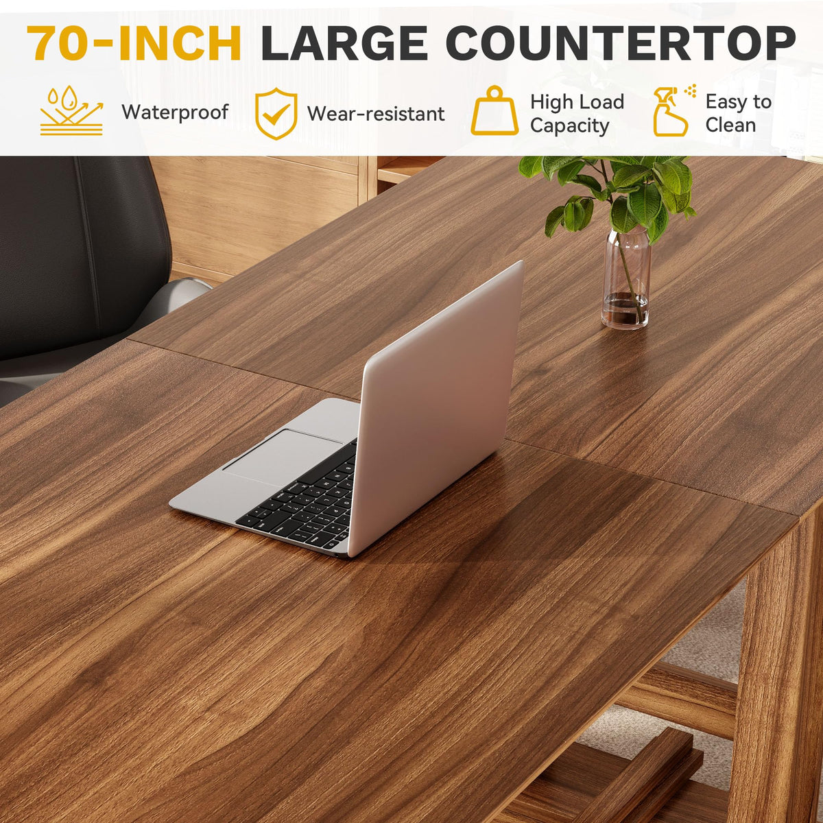 DWVO 70 Inch Computer Desk, Large Executive Office Table Workstation, Modern Farmhouse Style Laptop Wooden Sturdy Legs Writing Desk Business Furniture for Home, Dark Walnut