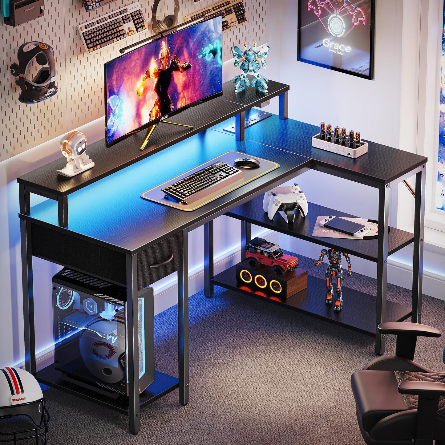 SUPERJARE 47 inch L Shaped Gaming Desk with LED Lights & Power Outlets, Reversible Computer Desk with Shelves & Monitor Stand, Corner Desk with Drawer, for Home & Office, Black