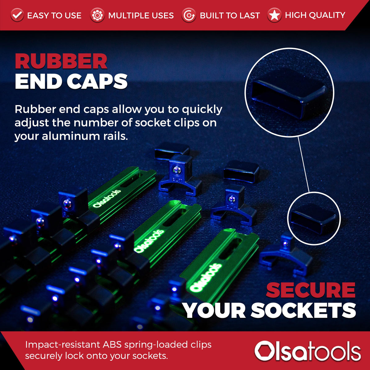 Olsa Tools Aluminum Socket Organizer, 3pc Set - Green Socket Holder Kit 1/2-Inch, 3/8-Inch, and 1/4-Inch Drive - Holds 58 Chrome or Impact Sockets - Professional Grade Socket Rails - Part: 1102
