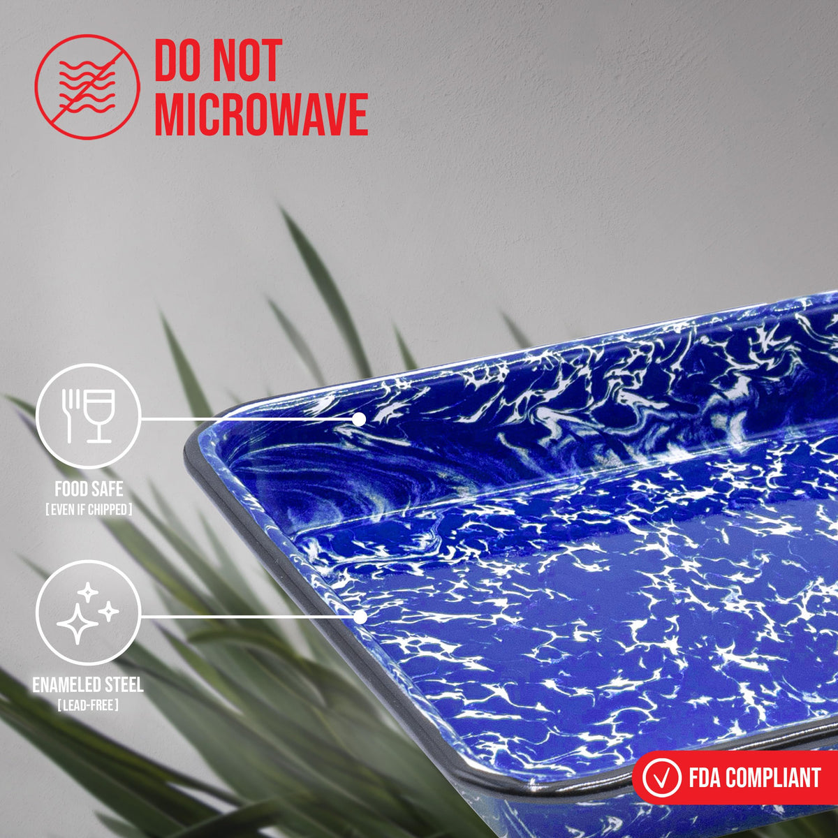 Red Co. 11" x 9" Enamelware Metal Classic 2 Quart Rectangular Serving Tray, Navy Blue Marble/Black Rim - Splatter Design