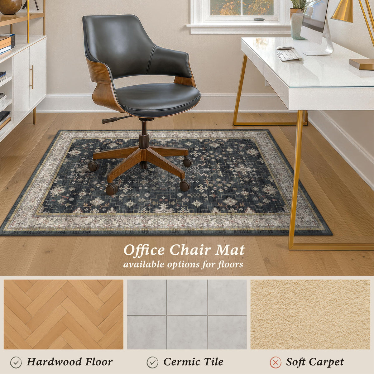 3x4 Black Boho Office Chair Mat for Hardwood Floors - Ultra-Soft Low Pile Desk Rug with Non-Slip Backing, Small 36x48 Computer Chair Area Rug for WFH Comfort and Floor Protection