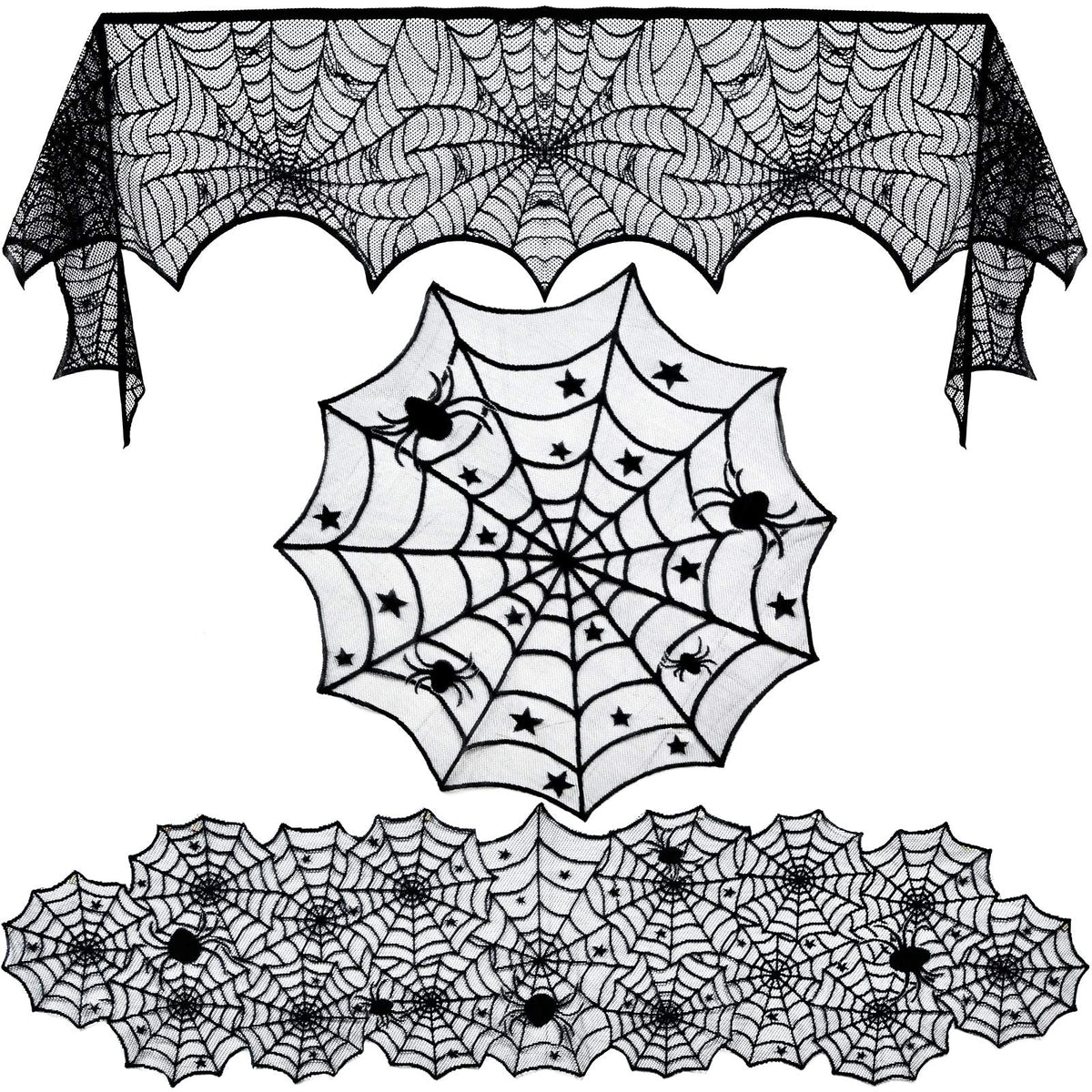 Tayfremn 3pack Halloween Decorations Set Halloween Tablecloth Black Lace Round Spider Cobweb Table Cover Fireplace Mantel Scarf Spiderweb Fireplace Scarf for Party