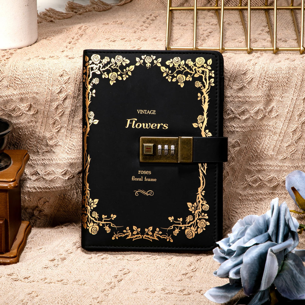 CAGIE Journal with Lock for Women Girls Refillable Lock Diary with Pen, Vintage Hot Foil Embossed Design Locking Journal for Gifts, Travel, 5.5 x 8 in, Black