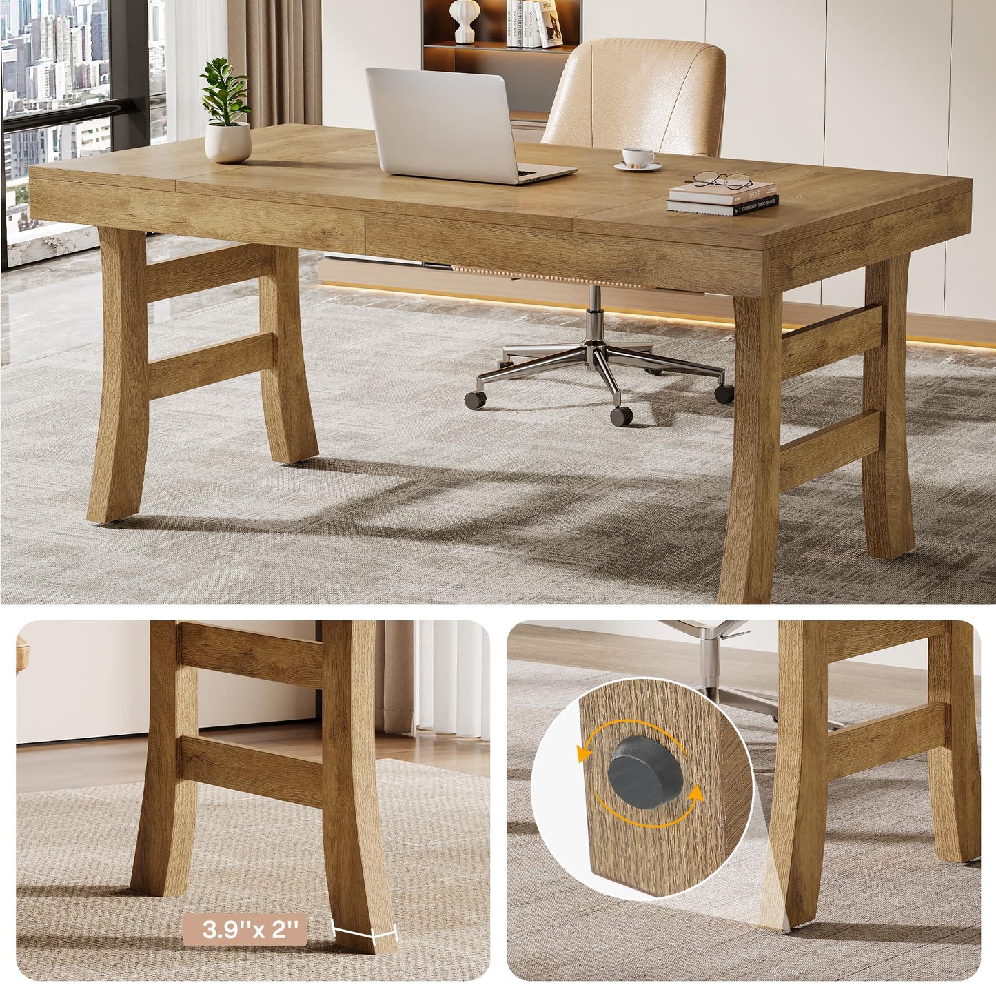 Tribesigns 63-Inch Executive Desk, Large Office Computer Desk with Sturdy Legs, Farmhouse Simple Workstation Writing Study Table for Home Office, Light Brown