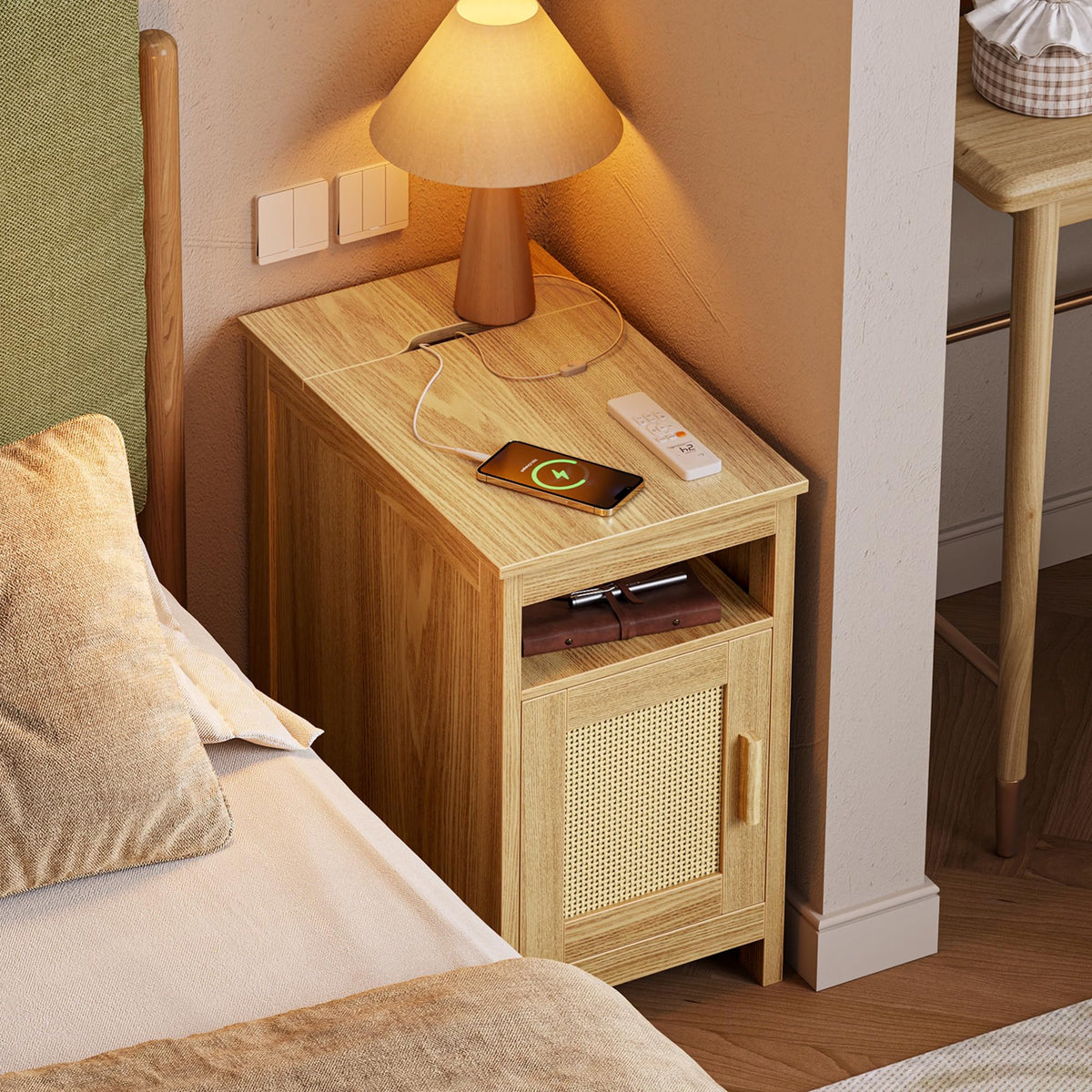 Huuger Narrow Night Stand, End Table with Charging Station, USB-C Port, Rattan Side Table with Cabinet and Open Shelf, Synthetic Rattan, for Small Spaces, Bedroom, Natural Wood