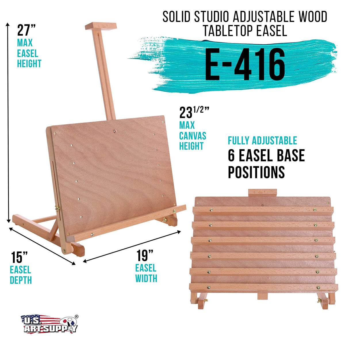 U.S. Art Supply Cancun Solid Wooden Tabletop Easel - Artist Studio Desktop Drawing Table, Portable Drafting Table, Adjustable Art Board, Tabletop Easel for Painting, Holds Up to 23" Canvas, Beechwood