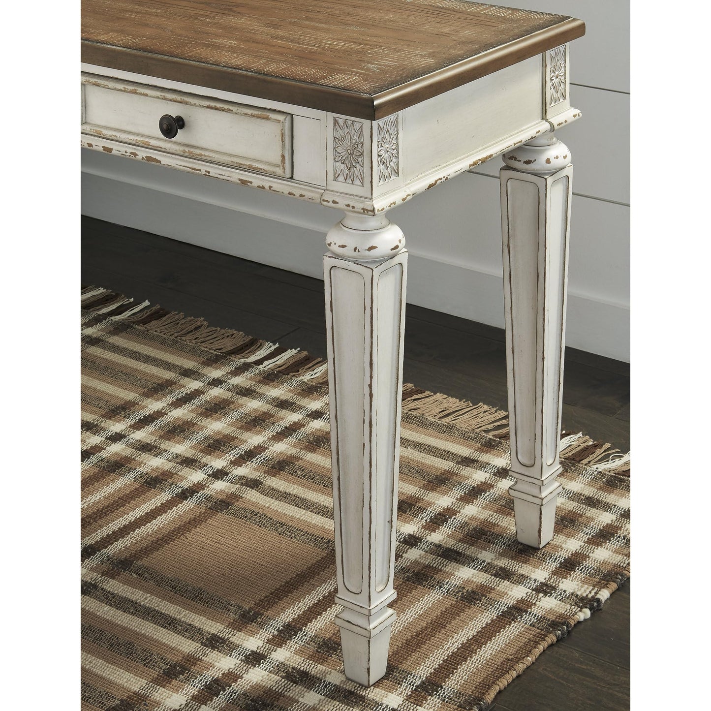 Signature Design by Ashley Realyn Farmhouse Home Office Desk, 2 Drawers, Drop-down Drawer, USB Charging, Wood, 60" W x 28" D x 31" H, Chipped White and Brown