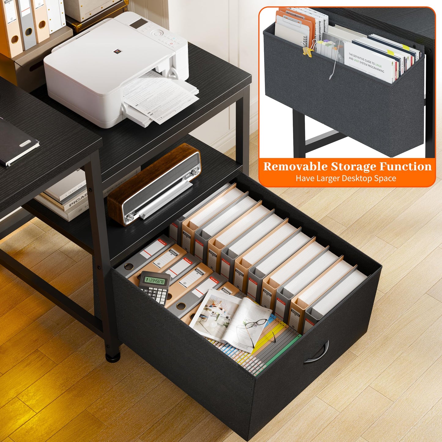 EnHomee 56.5" Black Computer Desk with File Drawers and Printer Space,Office Desk with Power Outlets and Monitor Stand,Gaming Desk,Study Desk, Writing Desk, Bedroom Desk