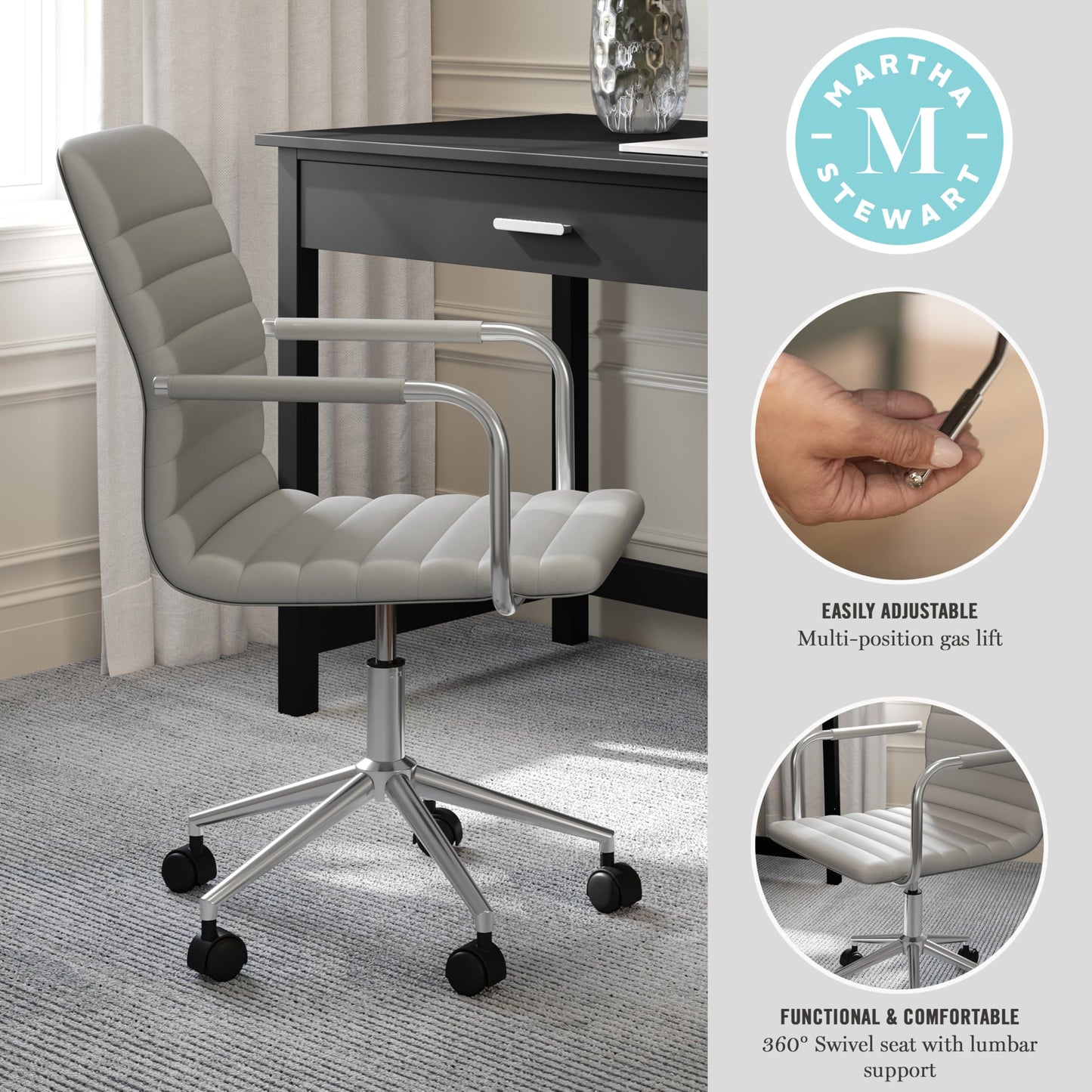 Martha Stewart Taytum Swivel Task Chair with Armrests for Home Office in Gray Faux Leather with Polished Nickel Frame