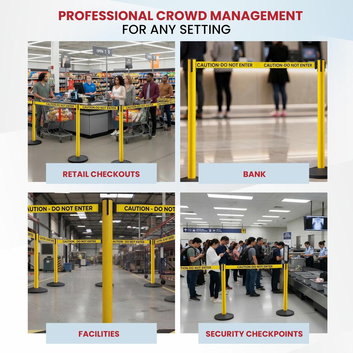 Crowd Control Warehouse Set of 2 Stanchion Retractable Belt Barriers, 11 Foot 'Caution Do Not Enter' Belt Barrier with 40” Yellow Posts, Barriers with Heavy Duty Concrete Base, CCW Series RBB-100