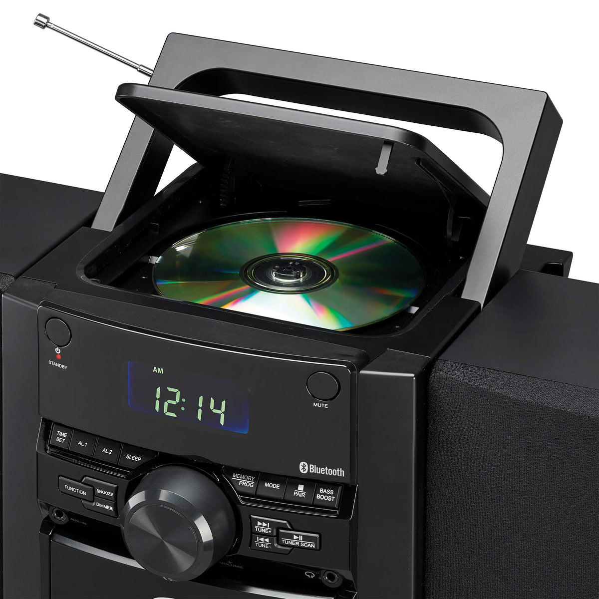 JENSEN 10-Watt Portable Bluetooth Home Stereo System with Detachable Speakers, CD/Cassette Players, AM/FM Radio, Alarm Clock, and Remote (CD-785)
