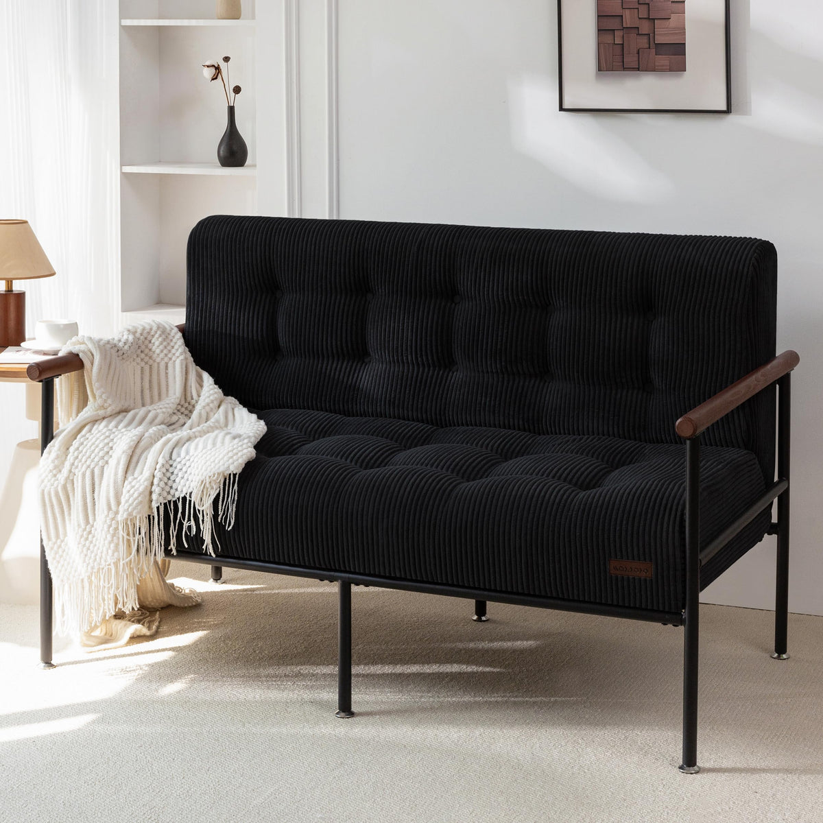 MAXYOYO Loveseat Sofa, Button Tufted Upholstered Small Couch for Living Room, Modern Love Seat Couches with Metal Frame & Wood Armrests for Bedroom Office, Easy to Install, Black
