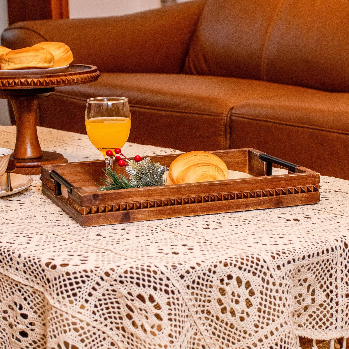 Rustic Wood Serving Tray with Handle Brown Rectangular Decorative Trays Farmhouse Charcuterie Boards Platter for Food, Fruit, and Coffee Great for Bed, Living, Coffee Table, Kitchen and Party