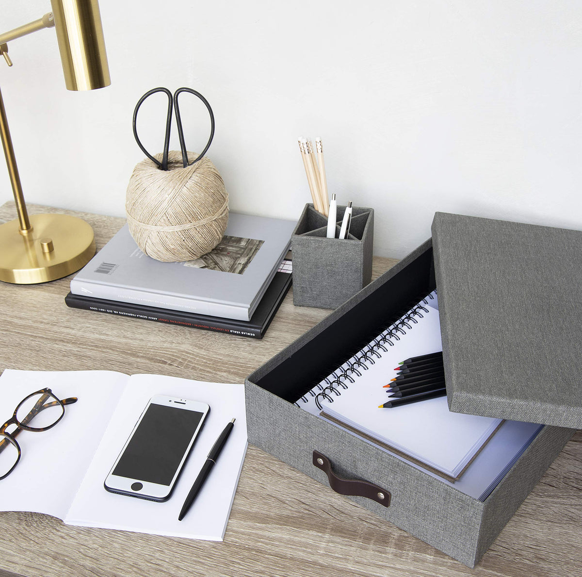 Bigso Oskar Canvas Fiberboard Document Letter Box - File Organizer Box for Important Paperwork - Document Storage with a Lid & Leather Handle - 3.3 in x 10.2 in x 13.8 in - Gray