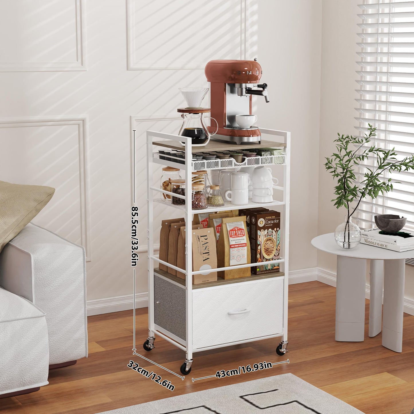 Lurgno Coffee Bar Cabinet with Storage，5 Tier Coffee Station Table on Wheels, 33.6" H Cart with Drawer for Home Kitchen, Liquor Buffet Sideboard Cabinet (Modern White)