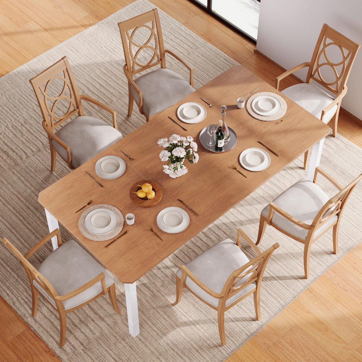 IDEALHOUSE 79" Dining Table for 6-8 People, Modern Rectangular Kitchen Table with Sturdy Metal Legs, Large Wood Farmhouse Dining Room Table for Home Office, Conference, White & Oak
