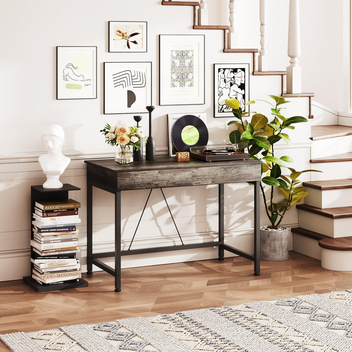 Mexin Small Desk with 2 Wooden Drawers, 40 Inch Home Office Writing Desk, Vanity Desk with Storage, Computer Desk for Bedroom Small Spaces, Table for Office, Work, Kids Study, Makeup, Gray Oak
