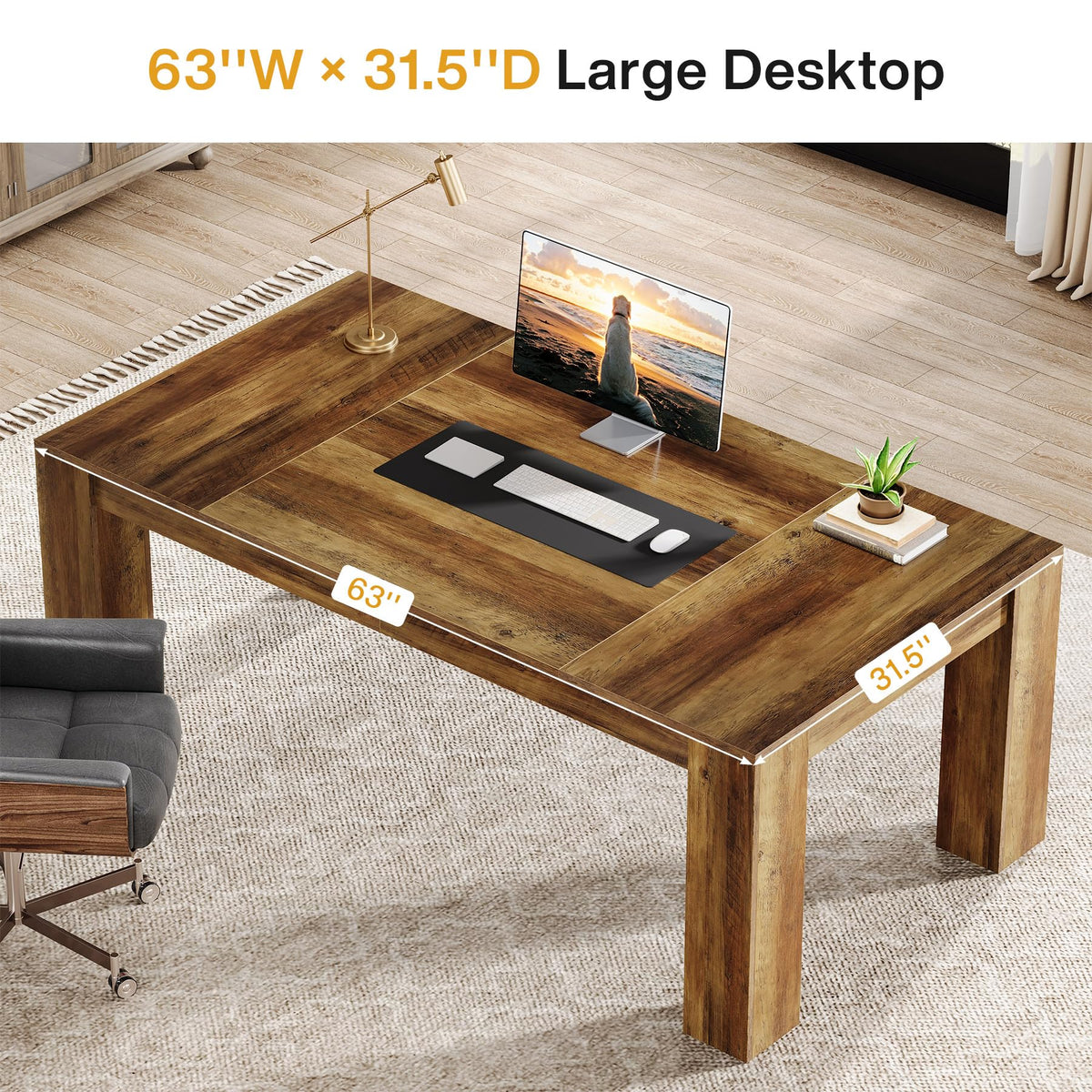 Tribesigns 63-Inch Executive Desk, Large Office Computer Desk, Simple Workstation Writing Table Study Table for Home Office, Rustic Brown