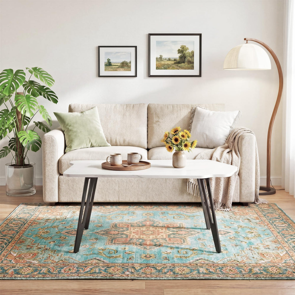 Manora Irregular Marble Pattern Coffee Table, Modern Small Center Table with Unique Shape Top, Faux Marble Wood Table for Living Room, Home Office, Apartment, Minimalist Accent Tea Table