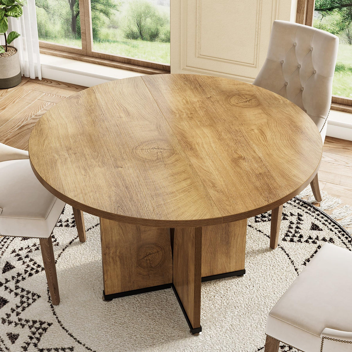 LITTLE TREE 39-Inch Dining Table for 4, Rustic Kitchen Table, Round Dining Table with X-Shaped Stable Pedestal, Farmhouse Dinner Table for Dining Room, Living Room