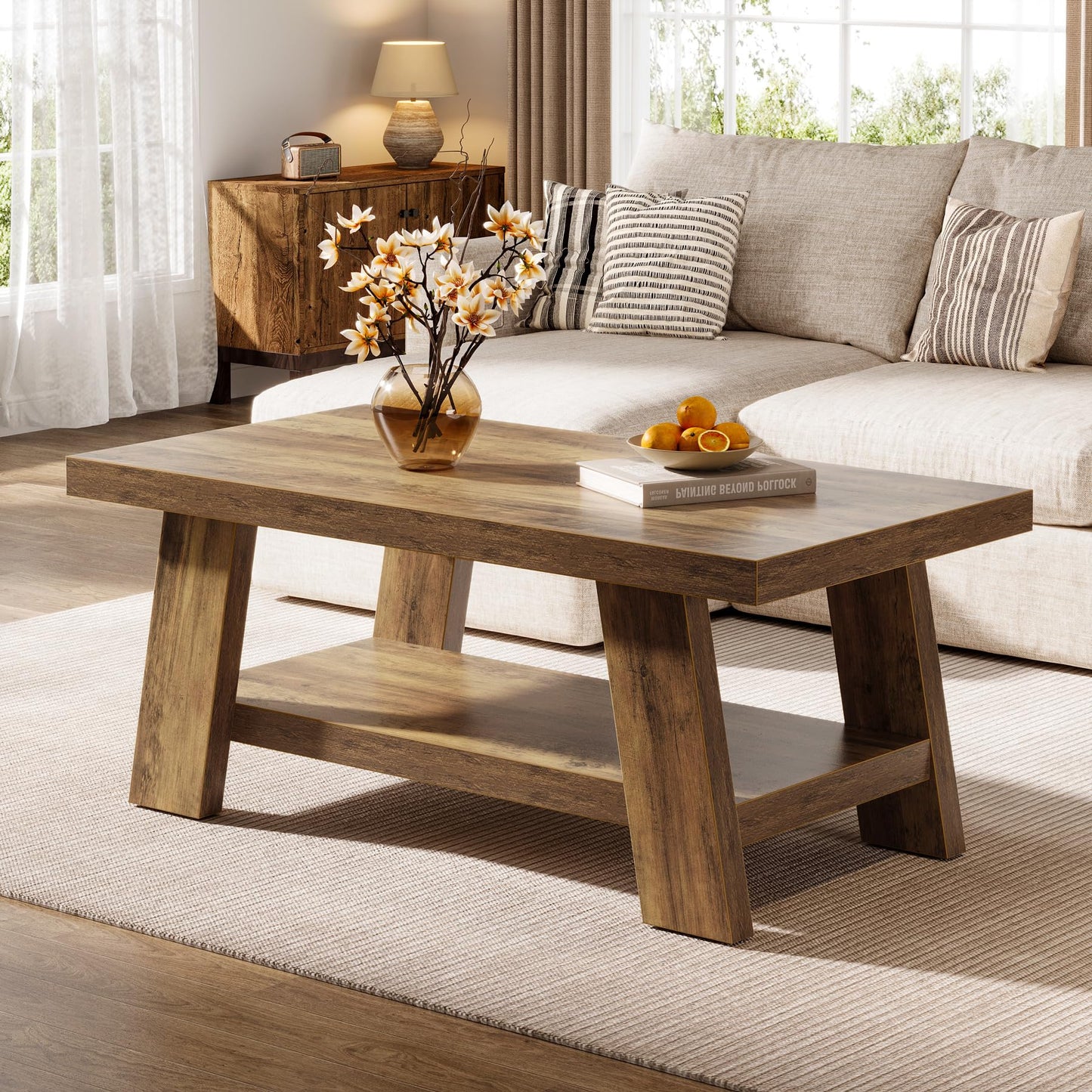 Tribesigns Farmhouse Coffee Tables for Living Room, 47.24" Rectangle Coffee Tables with Storage Shelves, Rustic Wooden Center Table for Apartment, Home Office (Rustic Brown)