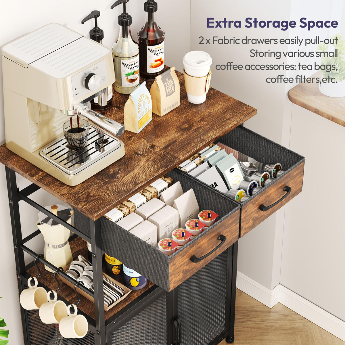 SWTYMIKI Coffee Bar Cabinet with Drawer - 20.47" Coffee Stand Station with Removable Hooks, Buffet Cabinet for Coffee Maker or Microwave, Kitchen Bar Table Storage Organizer, Espresso