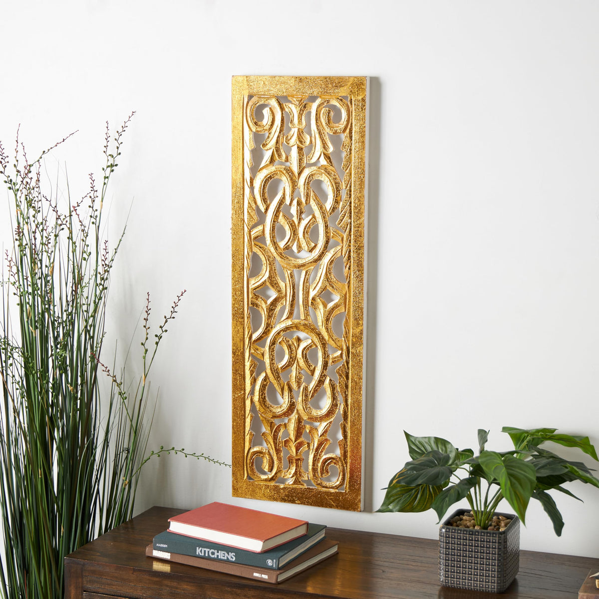 Deco 79 Wooden Floral Handmade Home Wall Decor Intricately Carved Arabesque Wall Sculpture, Wall Art 12" x 1" x 36", Gold