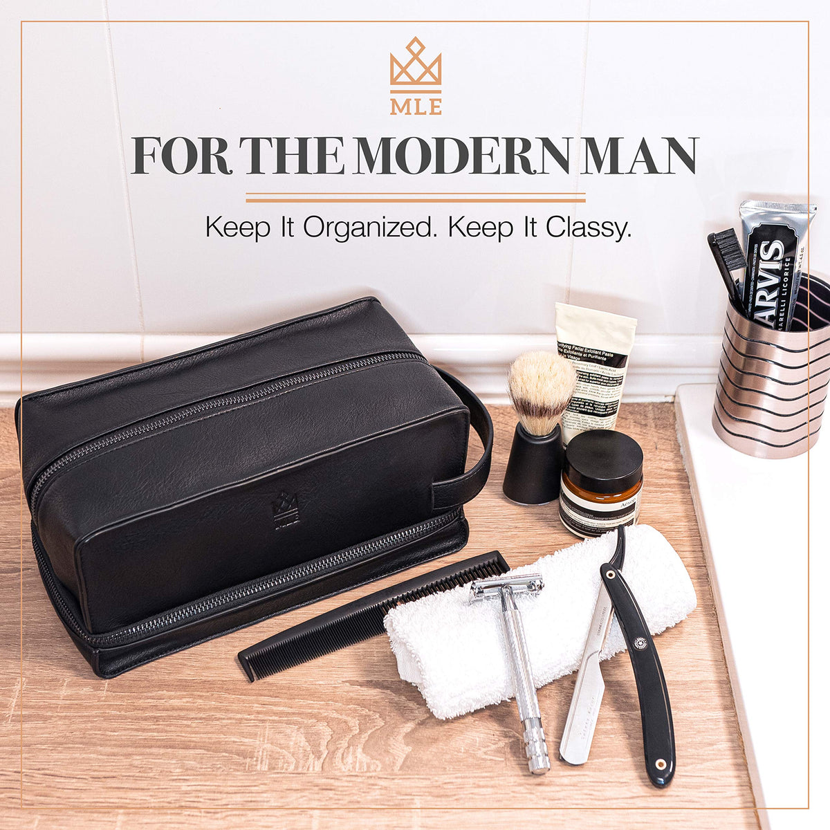 MAKE LIFE EXCLUSIVE Mens Leather Toiletry Bag – Travel Dopp Kit, Shaving Bag, Grooming & Hygiene Organizer, Leather Toiletry Bag for Men, Gift for Him
