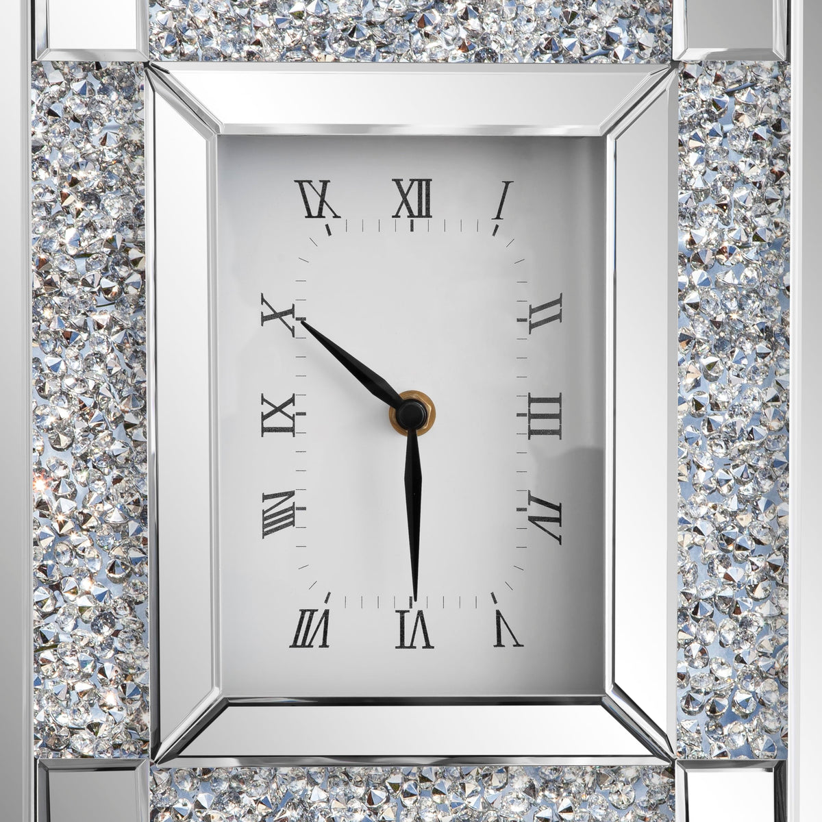 SHYFOY Mirrored Desk Clock with Crushed Diamond Inlay, 13" Decorative Table Clock, Silver Beveled Glass Mantel Clock, Non-Ticking Roman Numeral Tabletop Clock for Living Room Office Shelf Decor