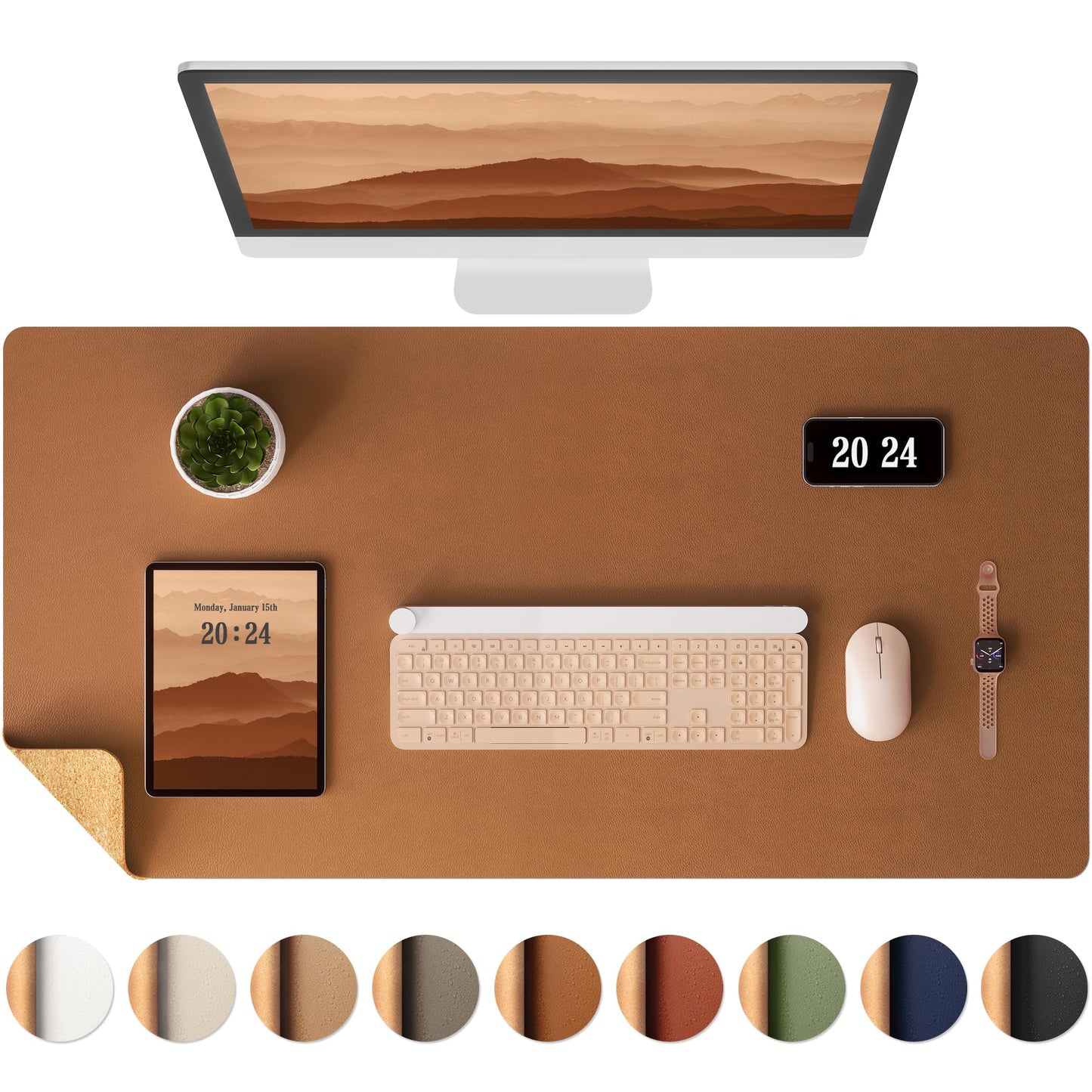 Aothia Double-Sided Desk Pad, Leather Desk Mat, Eco Cork Desk Pad Protector, Large Mouse Pad, Waterproof Desk Blotter Protector for Office/Home (25.6"x13.7", Brown)
